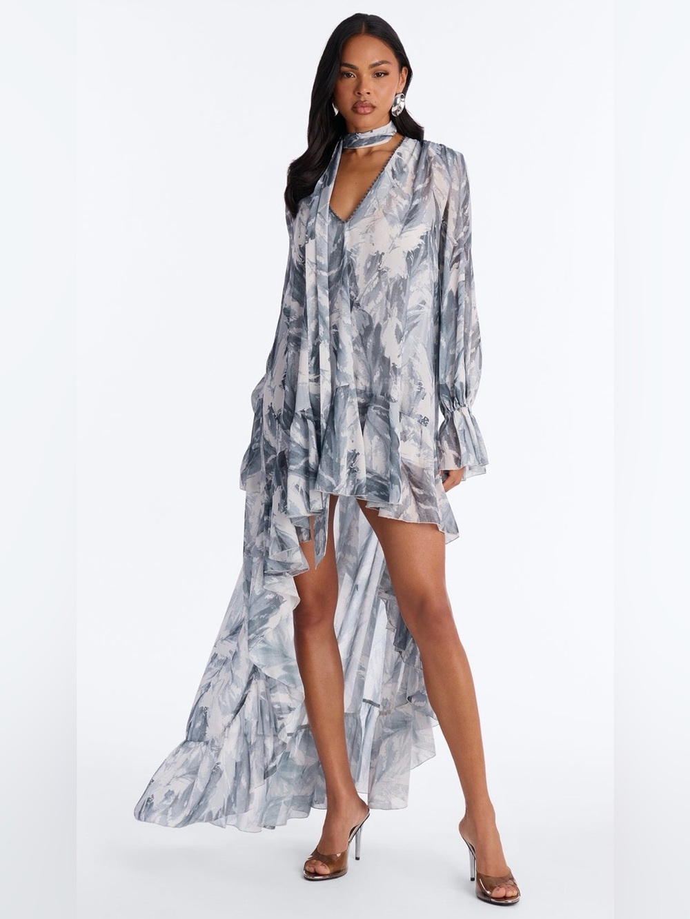 Chiffon High-Low Floral Print Mini Dress - Blue Gray💙